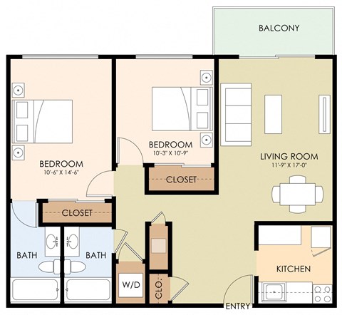 Two Bedroom Two Bath Floor Plan at Stone Creek, Redwood City, California